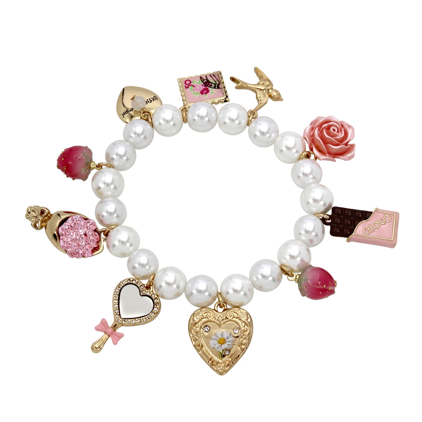 Betsey Johnson Sweetheart Swoon Charm Pearl Stretch Bracelet